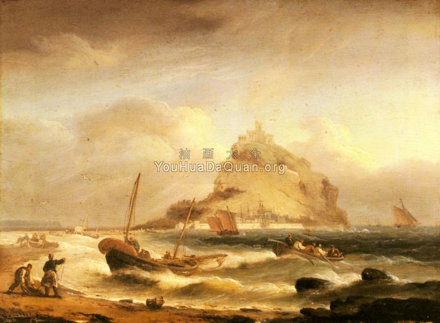 Fishermen rowing in, before St Michael's Mount - 托马斯·鲁尼